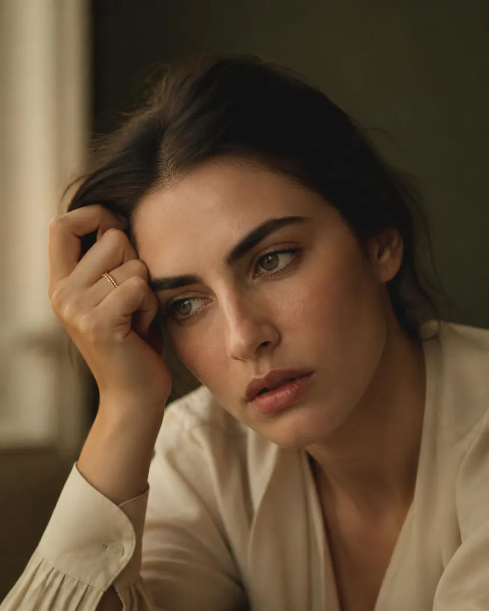 Retrato de mulher com expressão de inquietação e reflexão